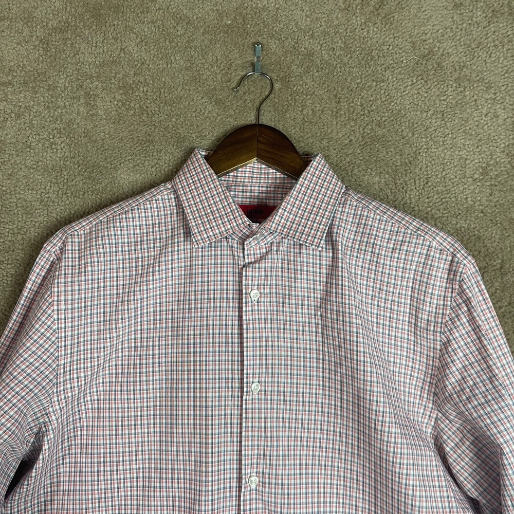 Hugo Boss Dress Shirt Mens 16 Large‎ Red Black Plaid Sharp Fit Button Up Cotton - Picture 3 of 12